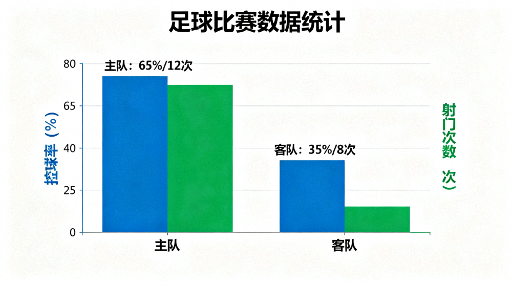 足球比赛数据统计图表，展示控球率与射门次数对比